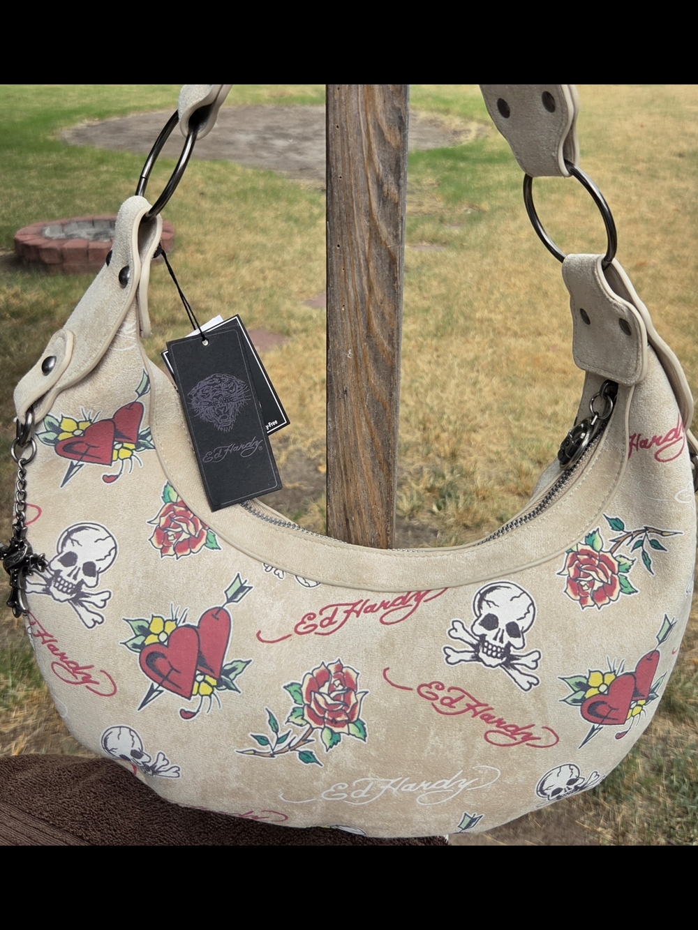 Ed Hardy Cream Suede Shoulder Bag with Tattoo Print